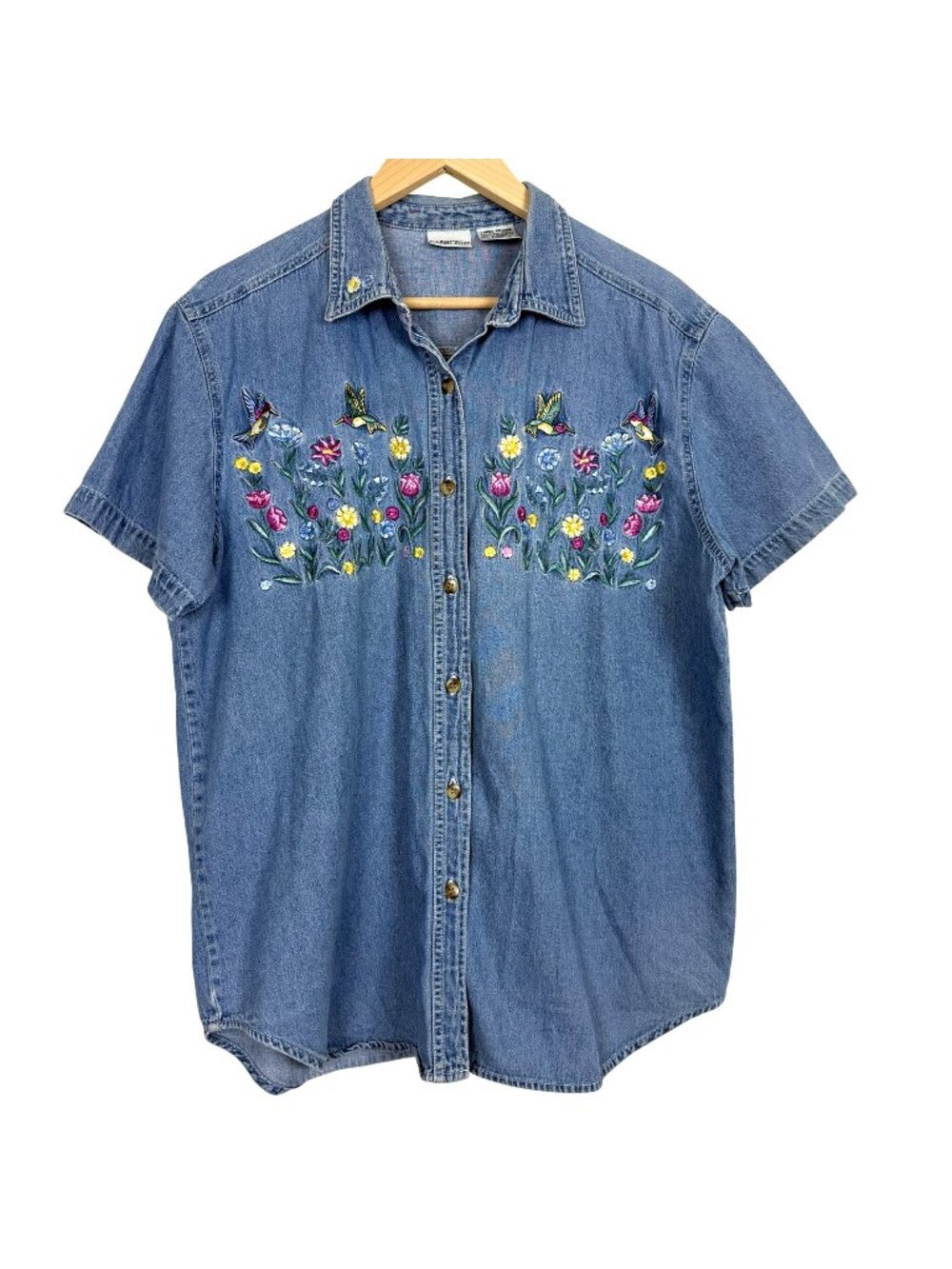 Cabin Creek Denim Button Up Shirt Large Embroidered Flowers Hummingbirds Vtg